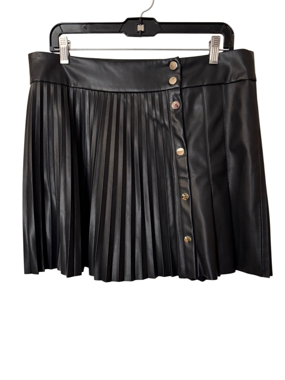 Zara Black Faux Leather Pleated Skater Mini Skirt with Gold Buttons XL